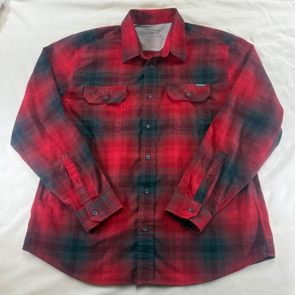 Eddie Bauer Mens XL Red Black Buffalo Plaid Flannel Button Down Shirt Outdoor